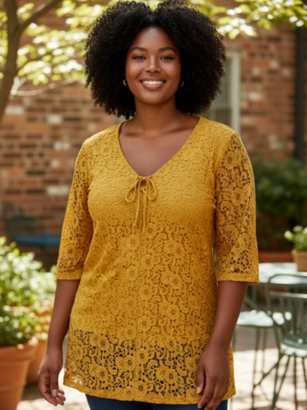Lane Bryant Mustard Floral Crochet Lace Tie Front Top Feminine Size 18-20